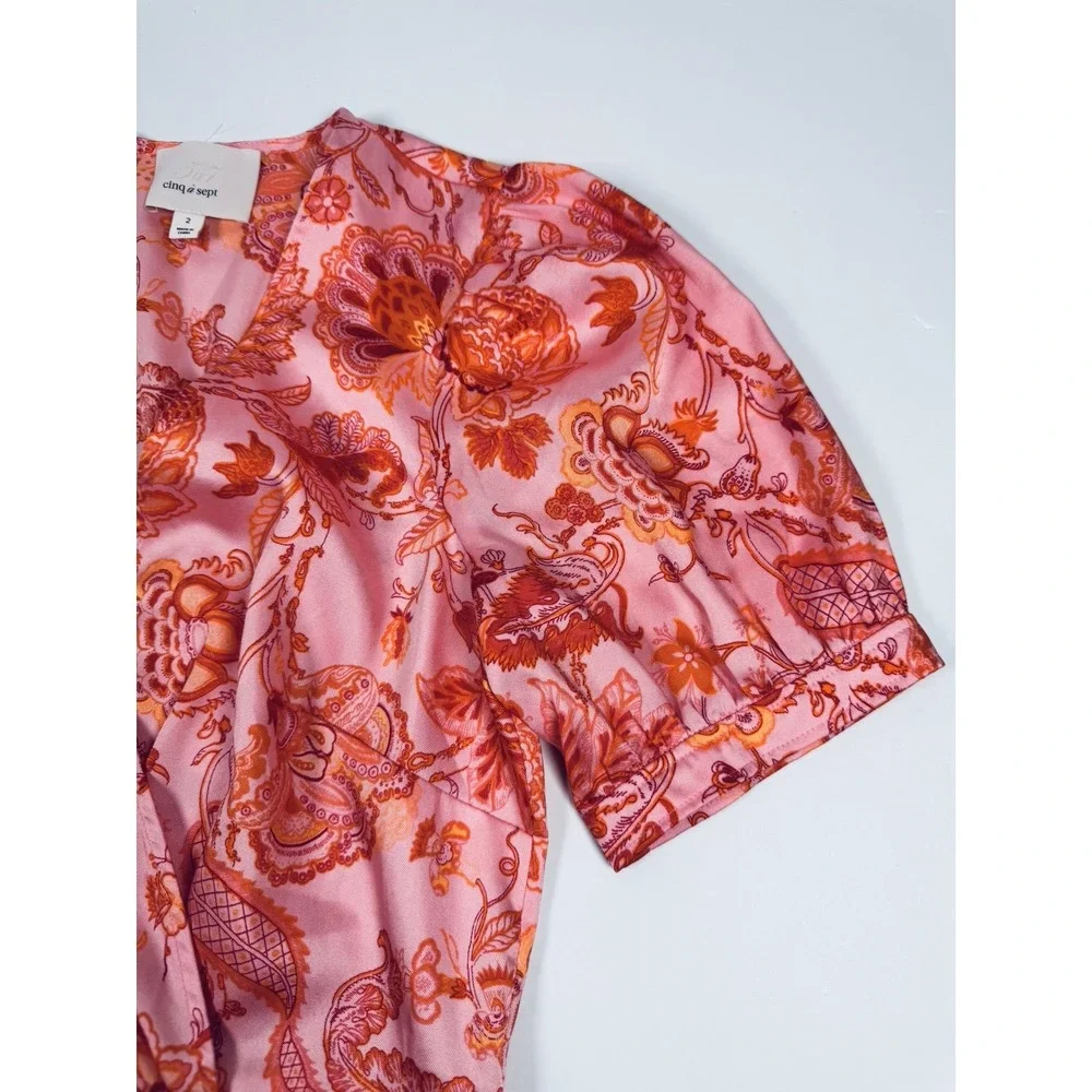 5a7 Cinq a Sept Kay Midi Dress Size 2 Pink Orange Floral Ruffle Faux Wrap Party